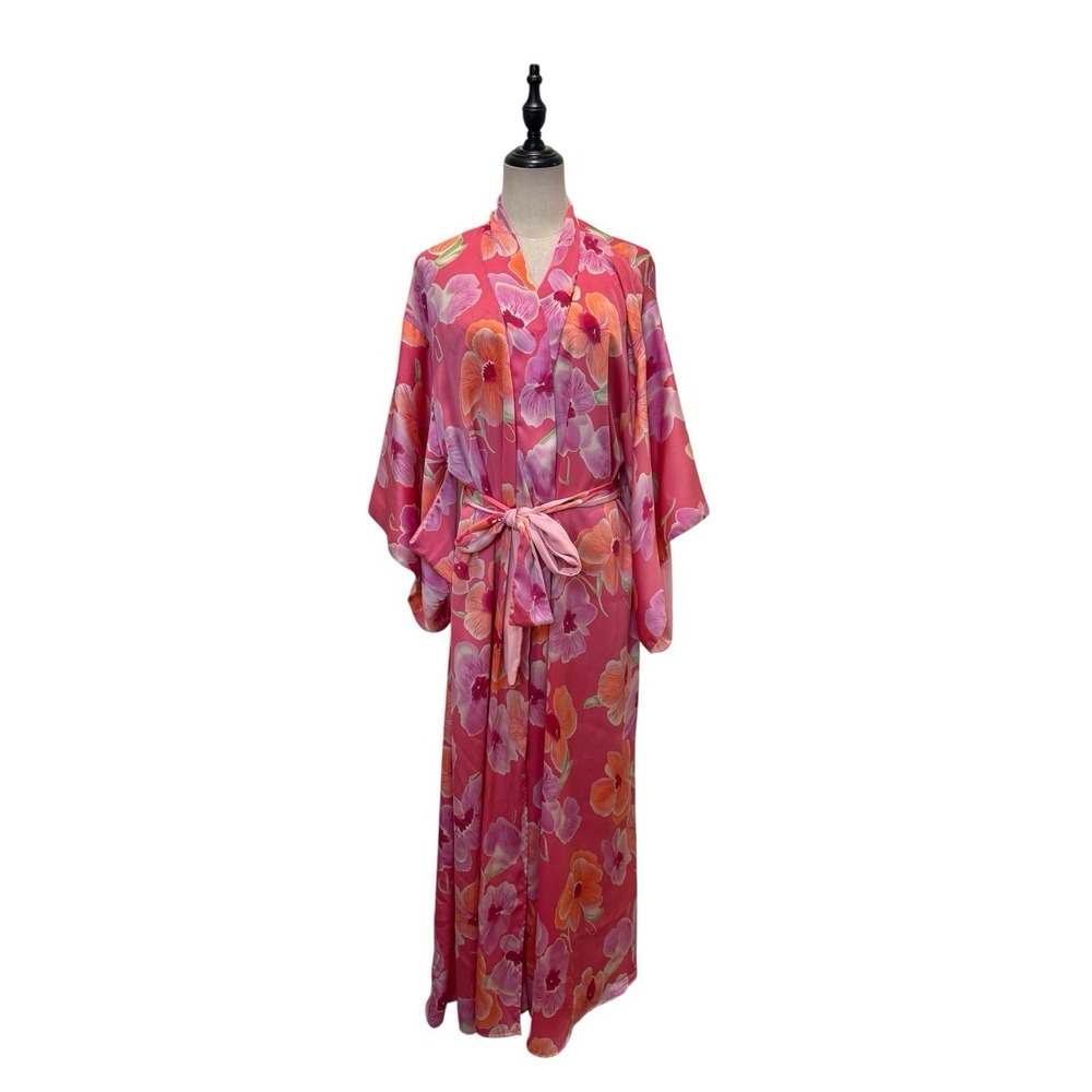 Vtg Natori Kimono Robe Slip Negligée Set  Sz L Pink Floral Satin Luxury Designer